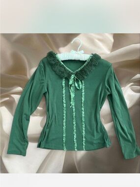 Elegant Green Faux-Fur Collar Long Sleeve Top